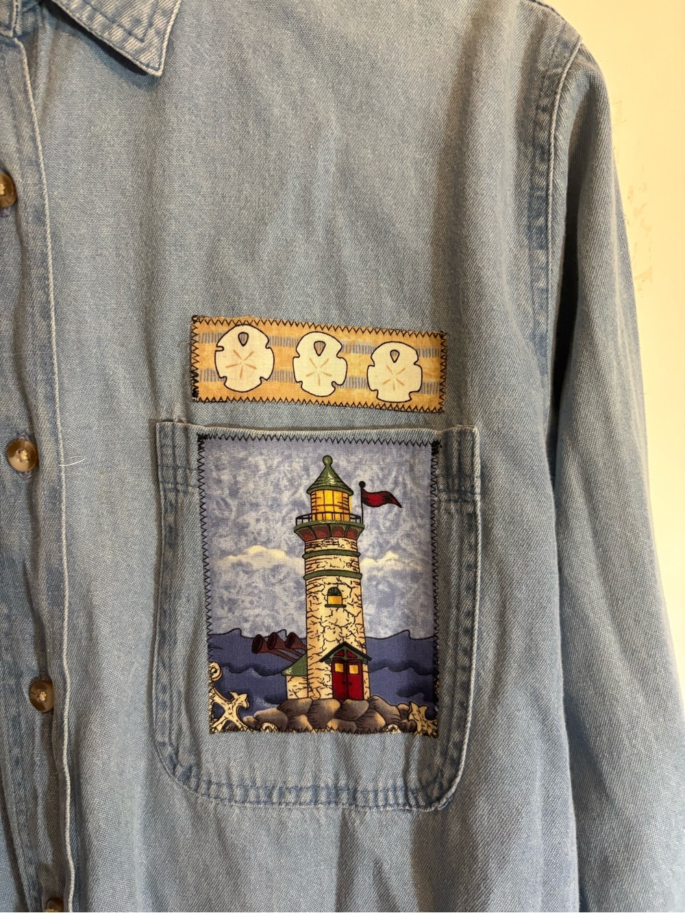 90s Better Things Nautical Denim Button Up Shirt Lighthouse Teacher Grandma VTG - Picture 6 of 8